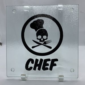 Glass Cutting Board Trivet Chef Hat Skull & Crossbones CHEF